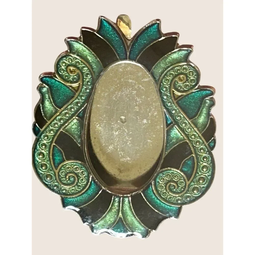 🦚 VTG ART DECO NOUVEAU REVIVAL ENAMEL PICTURE FRAME BROOCH PIN GREEN TEAL SWIRL